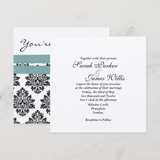 Invitation de mariage métallisée Damask Argent & t (Devant / Derrière)