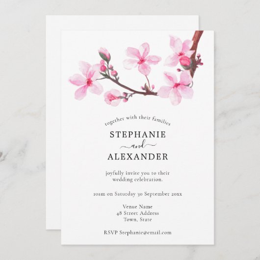 Invitation de mariage minimal en fleur de cerise (Devant / Derrière)