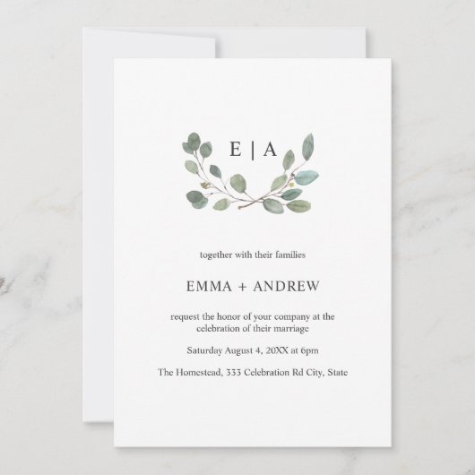 Invitation de mariage minimal Feuille Watercolor L (Devant)