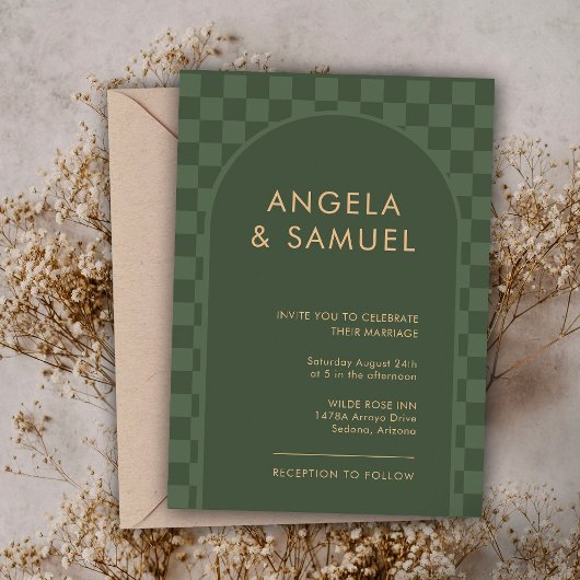 Invitation de mariage moderne à carreaux vert émer