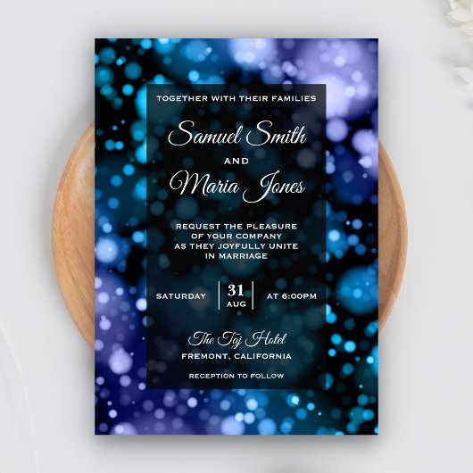 Invitation de mariage moderne à effet Bokeh bleu e