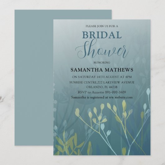 Invitation de mariage moderne à feuillage bleu-ver (Devant / Derrière)