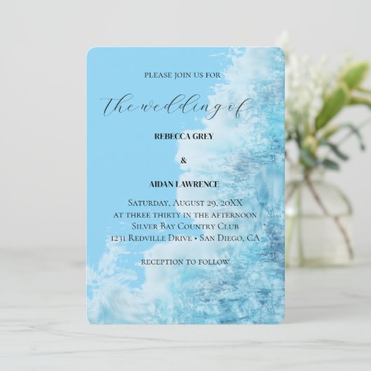 Invitation de mariage moderne aquarelle bleue (Debout devant)