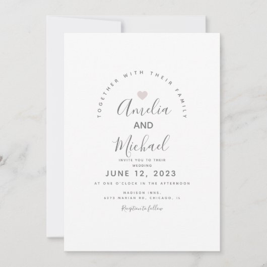Invitation de mariage moderne cœur simple rose bla (Devant)