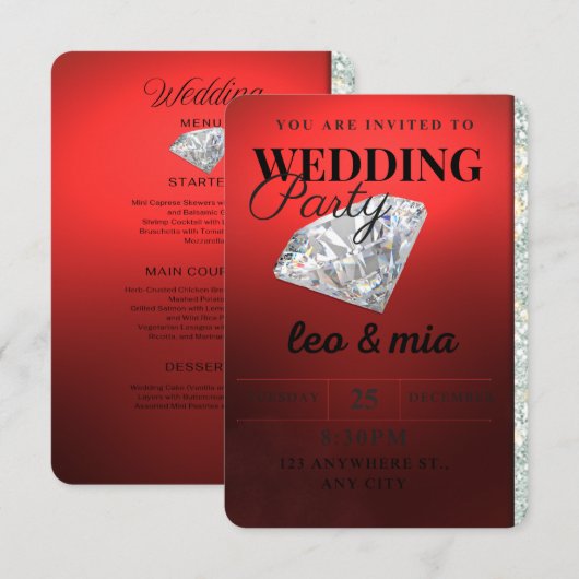 Invitation de mariage moderne diamant rouge (Devant / Derrière)