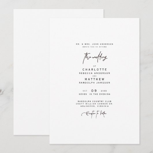 Invitation de mariage moderne et simple des parent (Devant / Derrière)