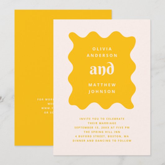 Invitation de mariage moderne jaune doré ondulé | (Devant / Derrière)