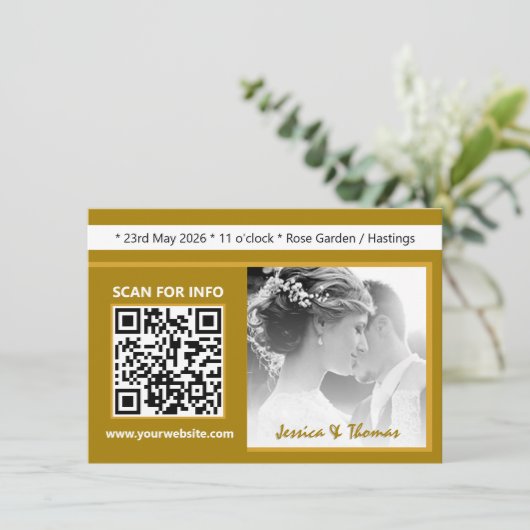 Invitation de mariage moderne, QR Code, Photo, Or (Debout devant)