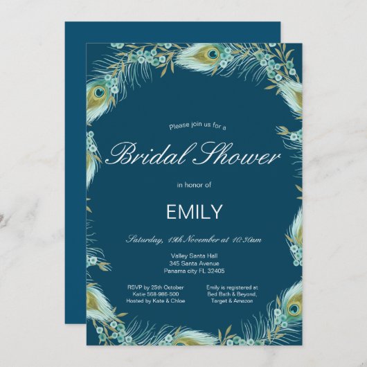 Invitation de mariage modifiable au paon (Devant / Derrière)