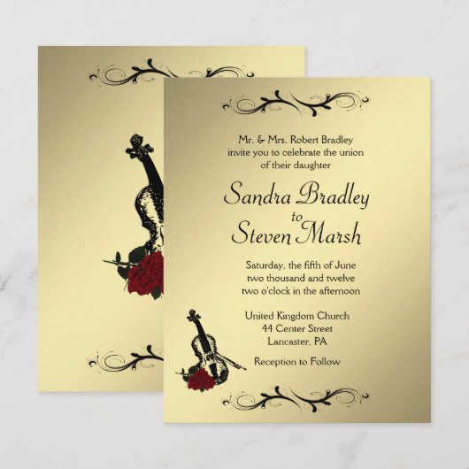 Invitation de mariage musique de violon (Devant / Derrière)