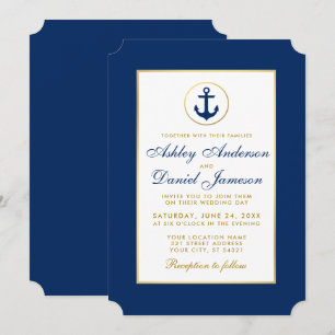 Invitation de mariage nautique bleu et or