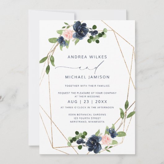 Invitation de mariage Navy & Blush avec faux foil (Devant)