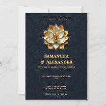 Invitation de mariage Navy Gold Lotus Élégante