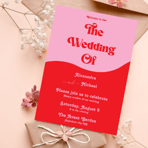 Invitation de mariage néon rose et rouge rétro des