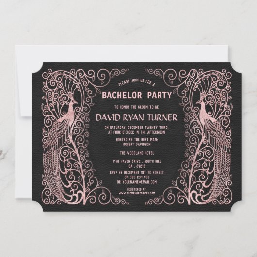 Invitation de mariage noir à motif paon Art déco e (Devant)