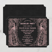 Invitation de mariage noir à motif paon Art déco e (Devant / Derrière)