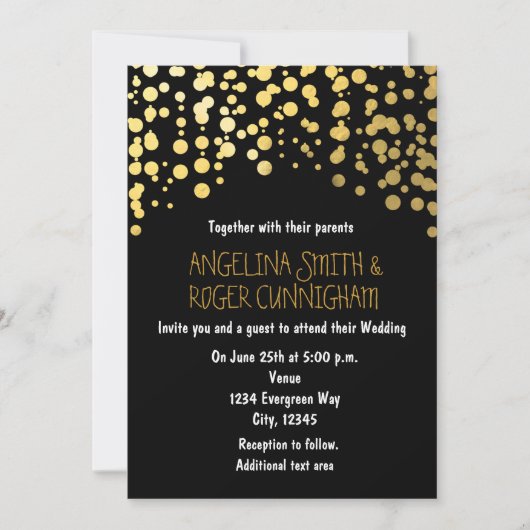 Invitation de mariage noir avec points de confetti (Devant)