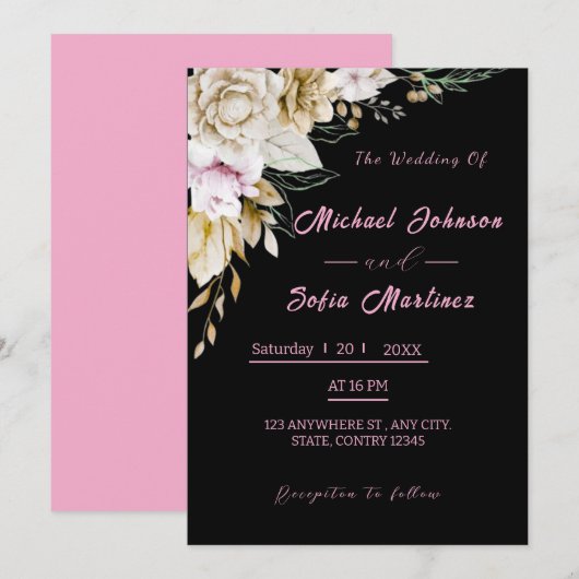 Invitation de mariage noir et rose moderne | Chic  (Devant / Derrière)