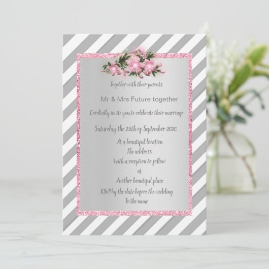 Invitation de mariage nouvelle fleur rose rayure g (Debout devant)