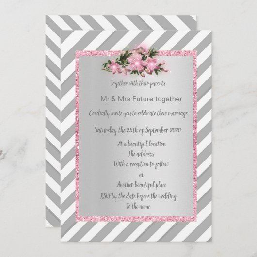 Invitation de mariage nouvelle fleur rose rayure g (Devant / Derrière)