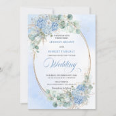 Invitation de mariage ovale dorée à fleurs bleues (Devant)