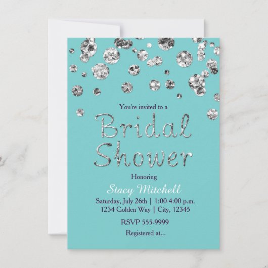 Invitation de mariage pailletée argent turquoise (Devant)