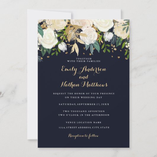 Invitation de mariage pailletée florale Navy Or (Devant)