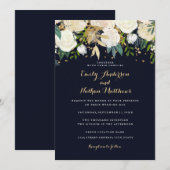 Invitation de mariage pailletée florale Navy Or (Devant / Derrière)