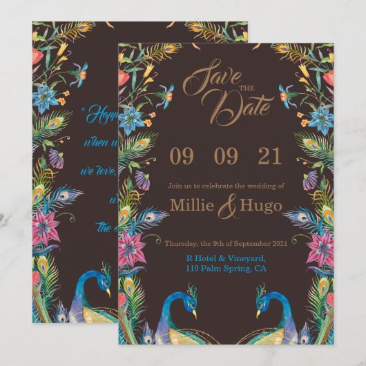 Invitation de mariage Paon les (Devant / Derrière)