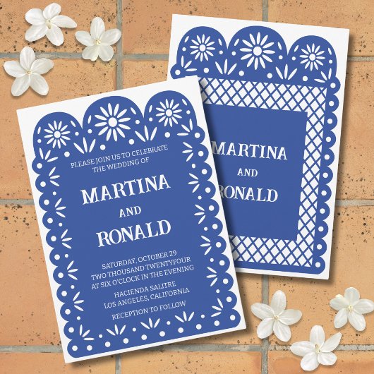 Invitation de mariage papel picado mexicaine bleue