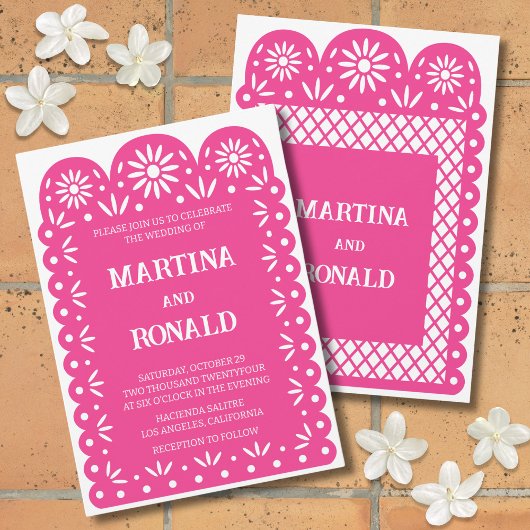 Invitation de mariage papel picado mexicaine rose