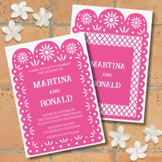 Invitation de mariage papel picado mexicaine rose