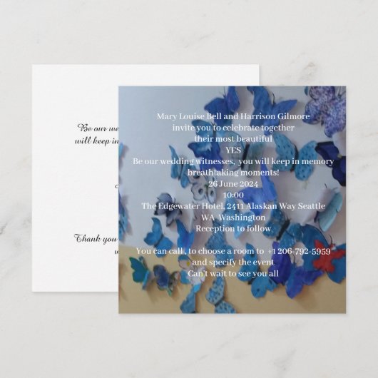 Invitation de mariage Papillons Bleus (Devant / Derrière)