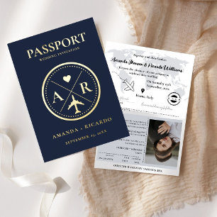 Invitation de mariage passeport Or & Bleu Nuit