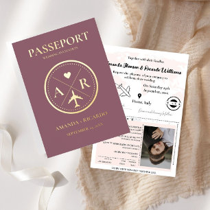 Invitation de mariage passeport or et mauve foncé
