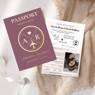 Invitation de mariage passeport or et mauve foncé