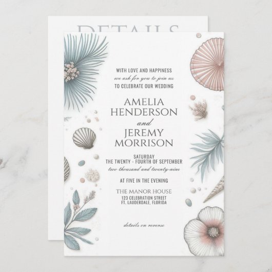 Invitation de mariage Pastel Beach avec QR & Détai (Devant / Derrière)