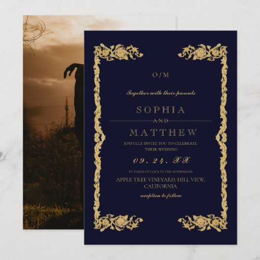 Invitation de mariage photo bleu classique (Devant / Derrière)
