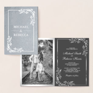 Invitation de mariage photo florale gris feuille d