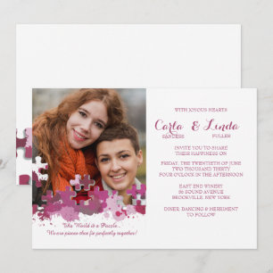 Invitation de mariage photo pièces de puzzle rose