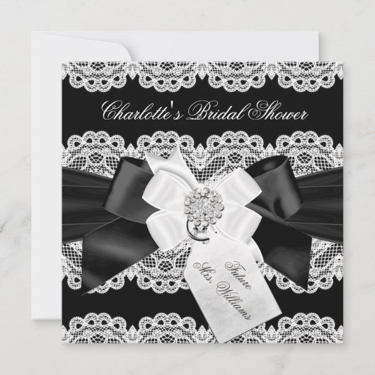 Invitation de mariage Pretty Lace & Bow Noir Blanc (Devant)