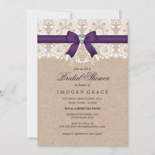 Invitation de mariage Purple Lace & Burlap (Devant)