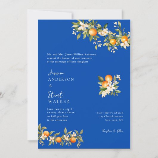 Invitation de mariage QR Code citrus et bleu (Devant)