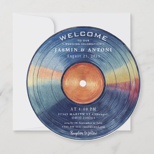 Invitation de mariage QR sur disque vinyle rétro v (Devant)