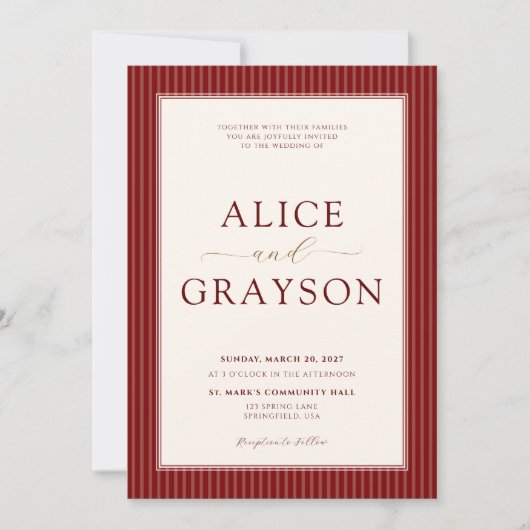 Invitation de mariage rayée à l'encre rouge classi (Devant)