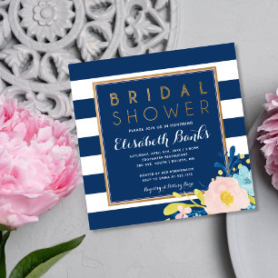 Invitation de mariage rayée florale Navy