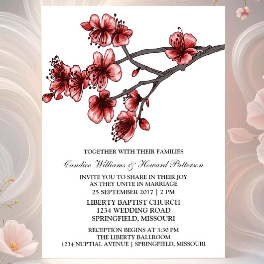 Invitation de mariage Red Simple Cherry Blossoms