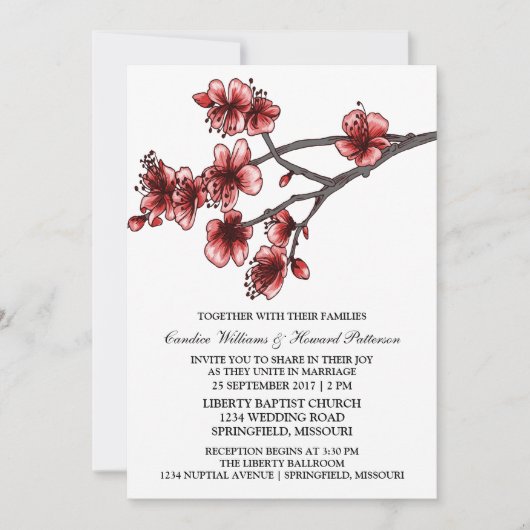 Invitation de mariage Red Simple Cherry Blossoms (Devant)