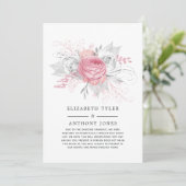 Invitation de mariage réduite à fleurs roses et ar (Debout devant)