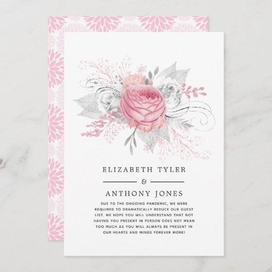 Invitation de mariage réduite à fleurs roses et ar (Devant / Derrière)